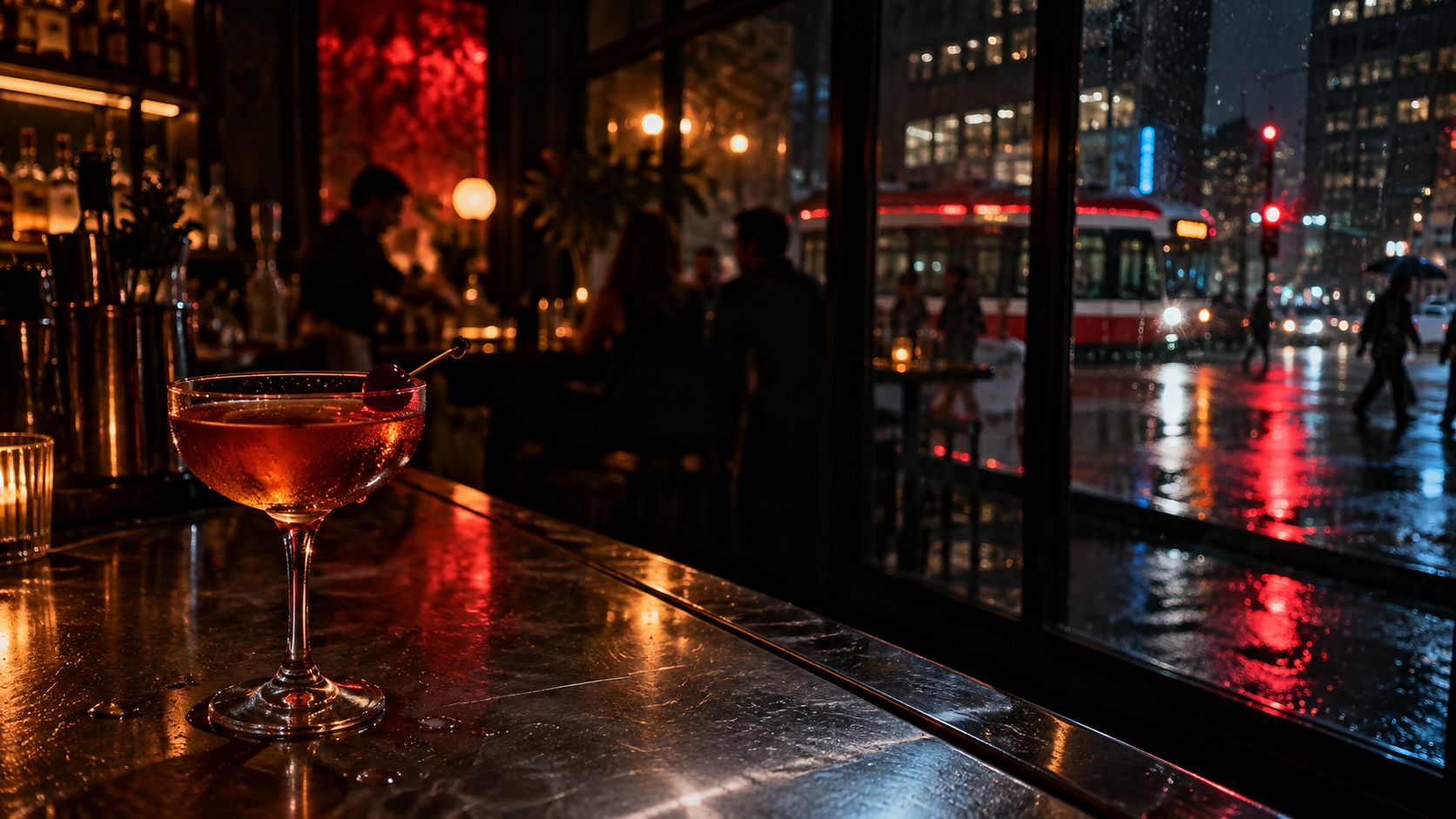 An amber cocktail on a bar overlooking a rainy Toronto street at night